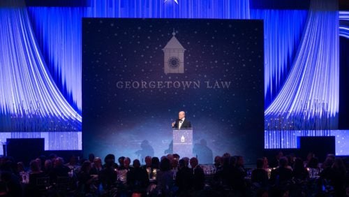 Dean William Treanor speaks at the 2019 Reunion Gala and Award Presentation.