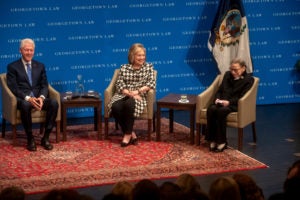 Former President Bill Clinton, former Secretary of State/Senator Hillary Rodham Clinton, and Supreme Court Justice Ruth Bader Ginsburg onstage in Hart Auditorium on October 30.