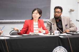 Professor K-Sue Park and Professor Anthony Cook discussed displacement and dispossession in American Property Law at an event cohosted by the Black Law Students Association and the Native American Law Students Association during Intersectionality Week, November 4 through 8.