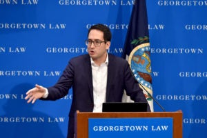 Visiting Professor Alvaro Bedoya of Georgetown Law's Center on Privacy & Technology at "Color of Surveillance" on November 7.