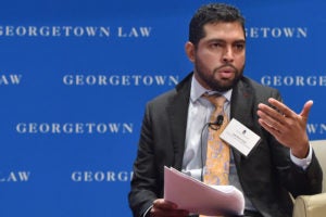 Indi Dutta-Gupta of Georgetown Law's Center on Poverty & Inequality moderates a panel on homelessness at "The Color of Surveillance: Monitoring of Poor and Working People" at Georgetown Law on November 7.