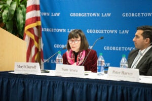 SALPAL Executive Director Meryl Chertoff and Panelist Sam Arora (L'10) at SALPAL's inaugural event in November.