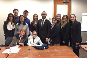 Supreme Court Justice Ruth Bader Ginsburg made a surprise guest appearance at Professor Mary Hartnett's Week One Course: "Supreme Court Topics: The Role of Dissenting Opinions."