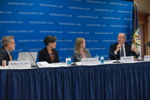 Robert Barnes moderated a panel featuring American University Professor Amanda Cohen Leiter, Erin M. Murphy (L’06) of Kirkland & Eliis and Harvard Law Professor Richard Lazarus.