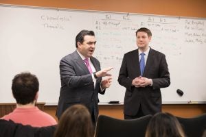 Professor Michael F Williams (F'98, L'01) (left) and U.S. Deputy Assistant Attorney General Professor Jonathan Brightbill (L'01) co-taught “Questioning Witnesses In and Out of Court.”