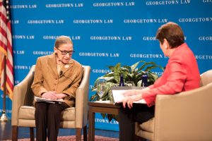 U.S. Supreme Court Justice Ruth Bader Ginsburg in conversation with U.S. Appeals Court Judge M. Margaret McKeown (L'75, H‘05) at Georgetown Law on February 10.