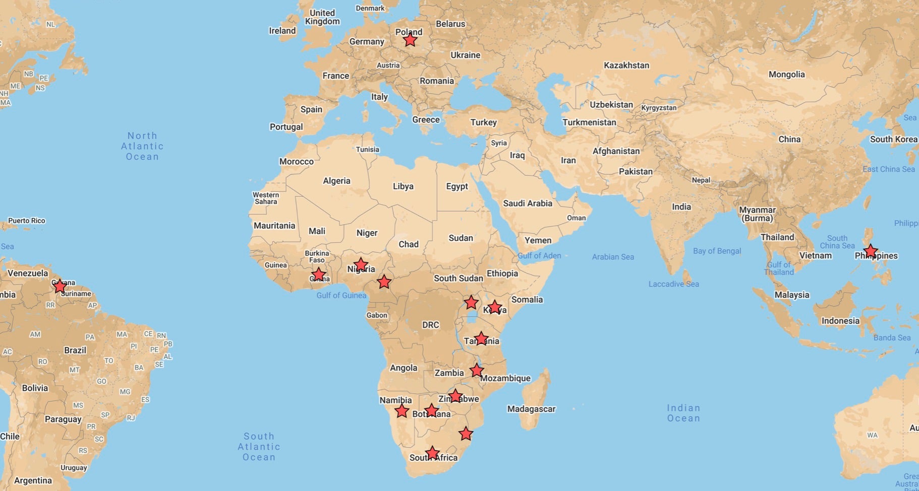 Snapshot of world map indicating countries where our Clinic students have challenged sex discriminatory laws: Botswana, Cameroon, Ghana, Guyana, Kenya, Malawi, Namibia, Nigeria, Philippines, Poland, South Africa, Swaziland, Tanzania, Uganda, and Zimbabwe.