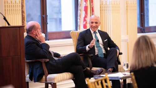 Pete Bevacqua, L'97 in conversation with Dean William Treanor at the Annual New York Alumni Luncheon on January 24, 2019.