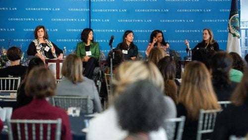 At the opening plenary of the 2020 Georgetown Law Women's Forum on February 28, panelists (left to right) Saphira Galoob, L'99, Ghita Harris-Newton, L'99, Helen Wong, L'09, and Sheila McCorkle, L'11, spoke with Professor Hillary Sale about adaptability and finding success personally and professionally.