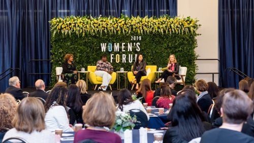 At the 2019 Georgetown University Women's Forum on March 28, panelists Nicolina O'Rorke, B'00, Juliette Pryor, L'91, MS'91, and Fatima Goss Graves, President and CEO of the National Women's Law Center, spoke with Professor Hillary Sale about how women can advance and maximize their success in the workplace. 