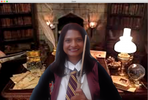 Professor Madhavi Sunder dressed up in Hogwarts clothing