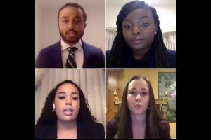 The annual Barristers' Council Beaudry Competition finals were held for the first time virtually via Zoom. (Clockwise from top left) Participants Venu Katta (winner), Odunayo Durojaye, Dana Horowitz, Cheyenne Freely.