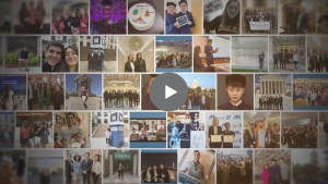 A collage of graduation photographs with a grey play button superimposed over the image.