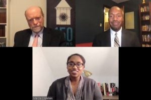 (Clockwise) Georgetown Law Dean William M. Treanor, Professor Paul Butler and Professor Dr. Marcia Chatelain.