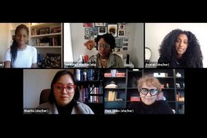 (Clockwise) Terri Jackson (C’89, L’92), Jordyne Blaise (C’06, L’10), Bserat Ghebremicael (B’17), Sharita Gruberg (L’12) and Pamela Gibbs (L’91) on the panel: Hoyas in Action: Fighting for Diversity, Equity, and Inclusion.