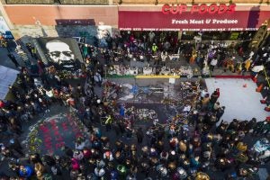 A crowd gathers at George Floyd Square after a guilty verdict was announced at the trial of former Minneapolis police Officer Derek Chauvin.