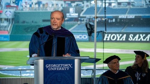 Dean Treanor speaks at Nationals stadium.