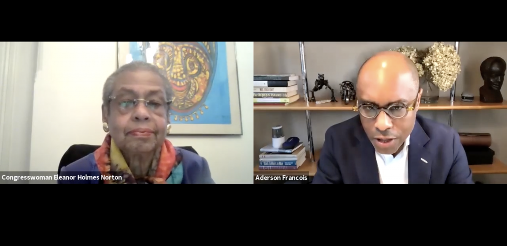 Professor Aderson Francois interviews over zoom Eleanor Holmes Norton