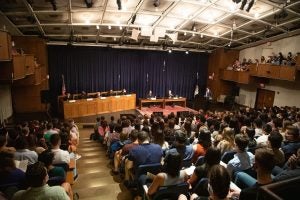 Incoming J.D. students attend a faculty moot court in Hart Auditorium as part of their orientation week.