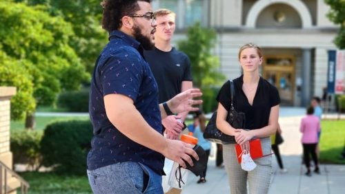 tour guide speaking to prospective students