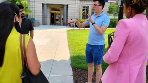 tour guide speaking to prospective students