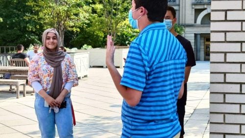 tour guide speaking to prospective students