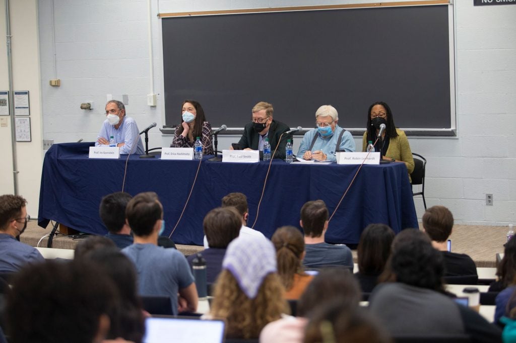 Supreme Court Preview Panelists Associate Dean for Clinics and Experiential Learning Erica Hashimoto, Reynolds Family Endowed Service Professor Michael Gottesman, Racial Justice Institute Co-Director Robin Lenhardt and Professor from Practice Paul Smith.