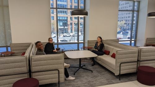 Students gather on the couches