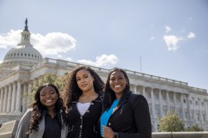 Georgetown Law students Odunayo Durojaye (C’19, L’22), Cheyenne Freely (L'22) and Jade Baker (L'22) on Capitol Hill to attend the Senate confirmation hearings for Supreme Court nominee Ketanji Brown Jackson