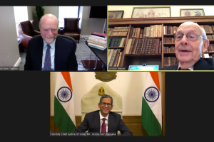 (Clockwise from upper left) Georgetown Law Dean William M. Treanor, Justice Stephen Breyer and Chief Justice N.V. Ramana held a lively discussion on the legal systems in the U.S. and India.