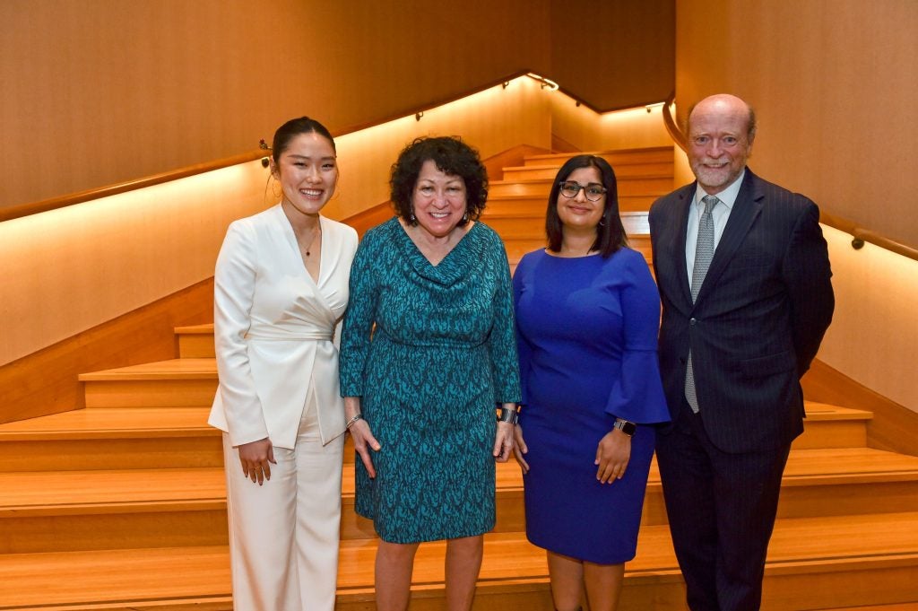 Agnes Lee, Justice Sotomayor, Maya Gandhi, and Dean Treanor at the Georgetown Law Journal alumni banquet