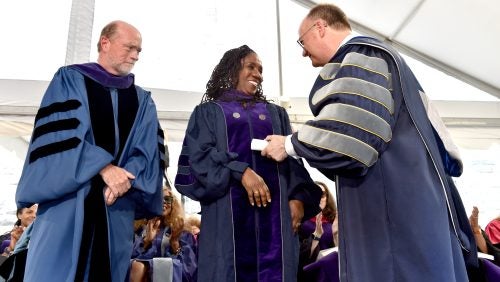 Sherrilyn Ifill receives an honorary degree from Dean Treanor and President DeGioia