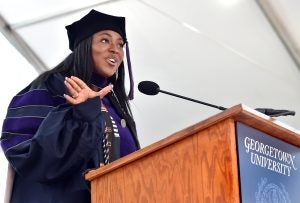 Graduating student Jade Baker speaking at the commencement ceremony