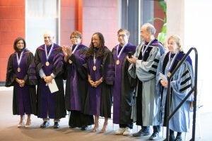 L-R: Professors Madhavi Sunder, John Mikhail, Emma Coleman Jordan, Kristin Henning, Anupam Chander, William Buzbee and Susan Low Bloch 