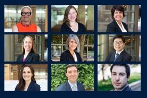 The nine newest faculty members at Georgetown Law: Dorothy Brown, Kathleen Claussen, Anupama Chaturvedi Connor, Sara Kaiser Creighton, Amy Griffin, Mark Jia, Nicole Summers, Daniel Wilf-Townsend and Jonathon Zytnick 