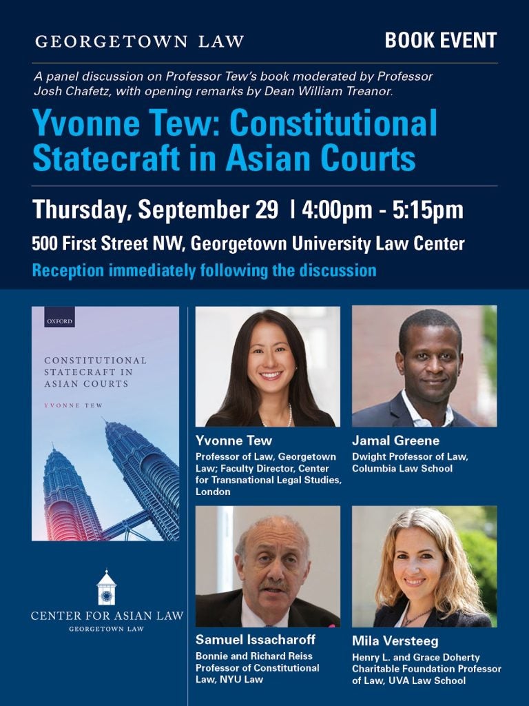 Flyer for Yvonne Tew: Constitutional Statecraft in Asian Courts panel discussion.