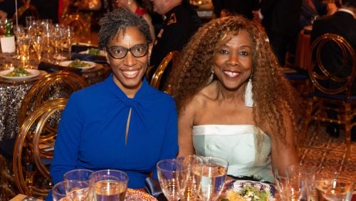 Two women seated at a dinner table