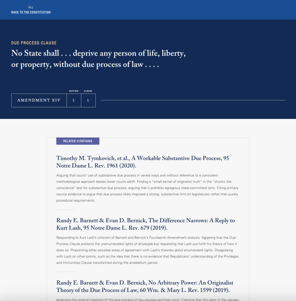 An example of scholarship citations in the Interactive Constutution website