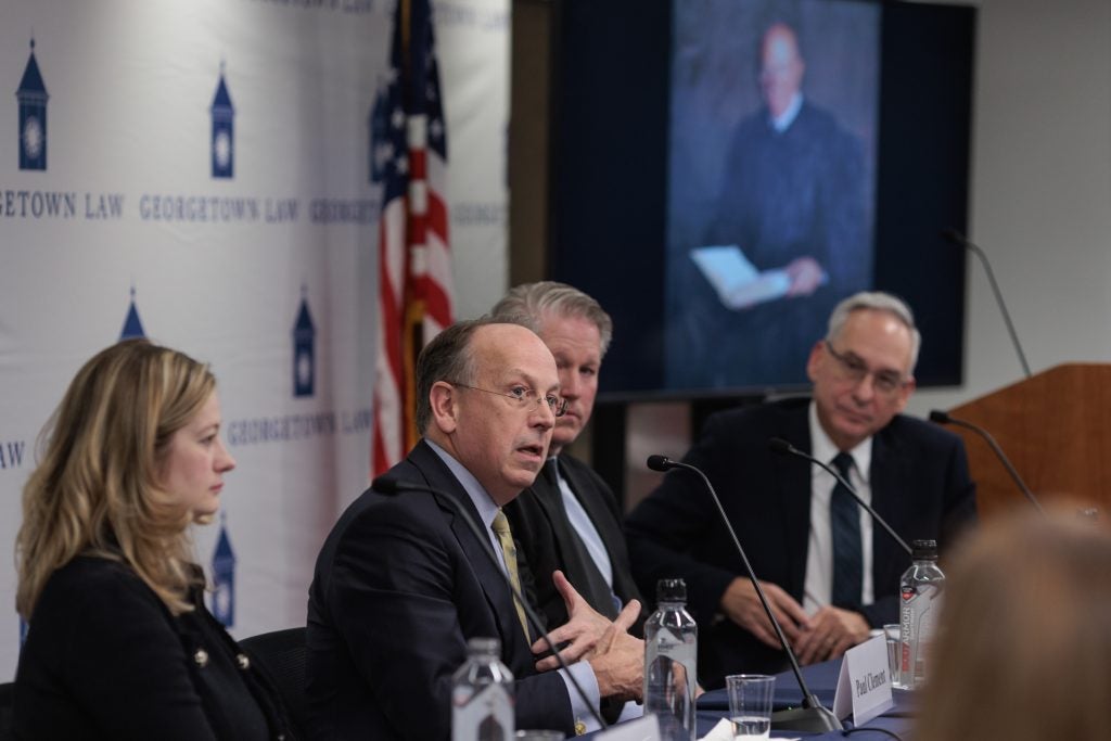 A panel of former judicial clerks for the late Judge Laurence Silberman speaking at a Georgetown Law event