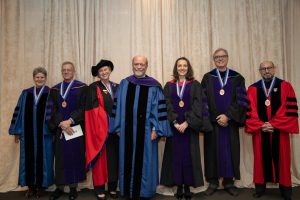 (L-R) Professors Tanina Rostain, Howard Shelanski and Laura Donohue, Dean William M. Treanor and Professors Lilian Faulhaber, Gregory Klass and Joshua Teitelbaum