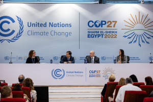 During COP27, GCC Executive Director Kate Zyla moderated a panel of state leaders. L-R: Zyla, Indiana Secretary of Commerce Bradley Chambers, Maryland State Delegate David Fraser Hidalgo, Hawaii Climate Change Mitigation & Adaptation Coordinator Leah Laramee. Photo by Joel Sheakoski for The Climate Registry.