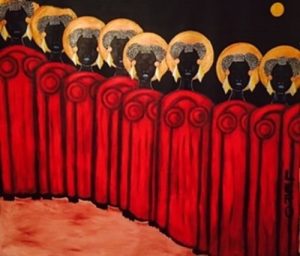 A painting by LeRoi Johnson of a line of Black women wearing red robes and with golden haloes around their heads.