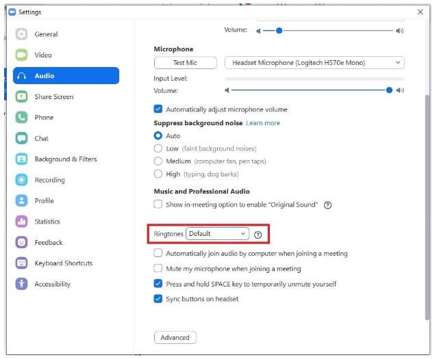 Display of the Audio setting within the ZOOM Application allowing for Ringtone selection.