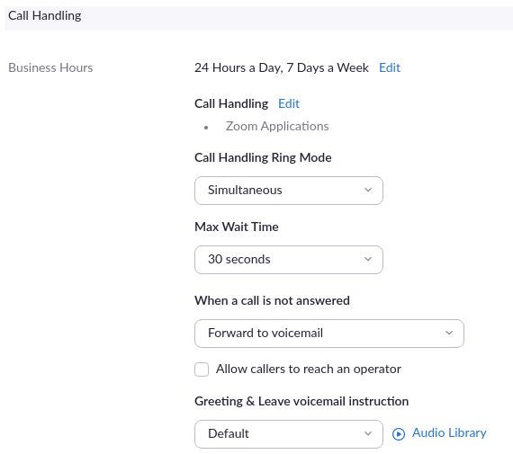 Zoom settings display showing Call Handling settings including setting Business Hours and other features available.