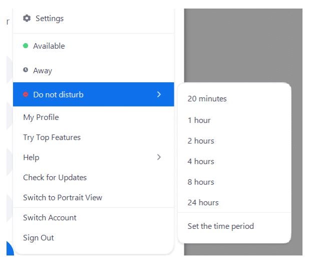 Zoom settings showing how to set the do not disturb function for a specific period of time.