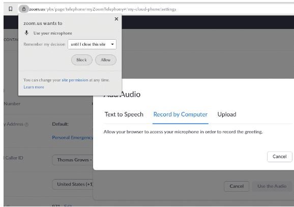 Zoom settings display showing recording settings and the requirement to allow Zoom to use your microphone.