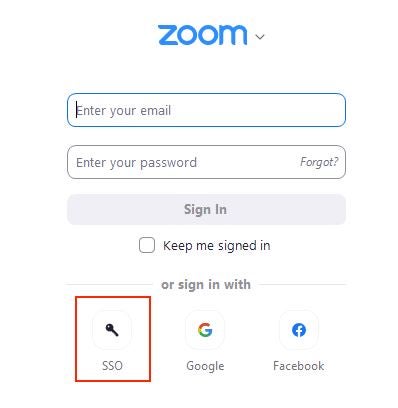 Zoom Login Screen showing the SSO login option and the user fields to be filled in.