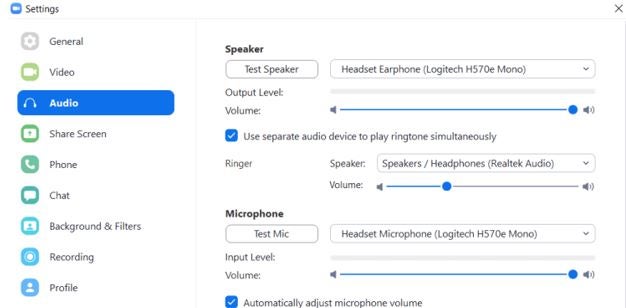 Display of the Audio setting within the ZOOM Application allowing for volume setting and ringer location setting.