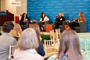 (L-R) Katy Motiey, C'89, L '92, Victoria Espinel, F '89, L '92, Michele Johnson, L '98, and Associate Dean Hillary Sale discussed women and leadership in the day's opening plenary session.