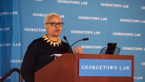 Professor Dorothy Brown, L’83 delivers opening remarks for Women's Forum 2023.